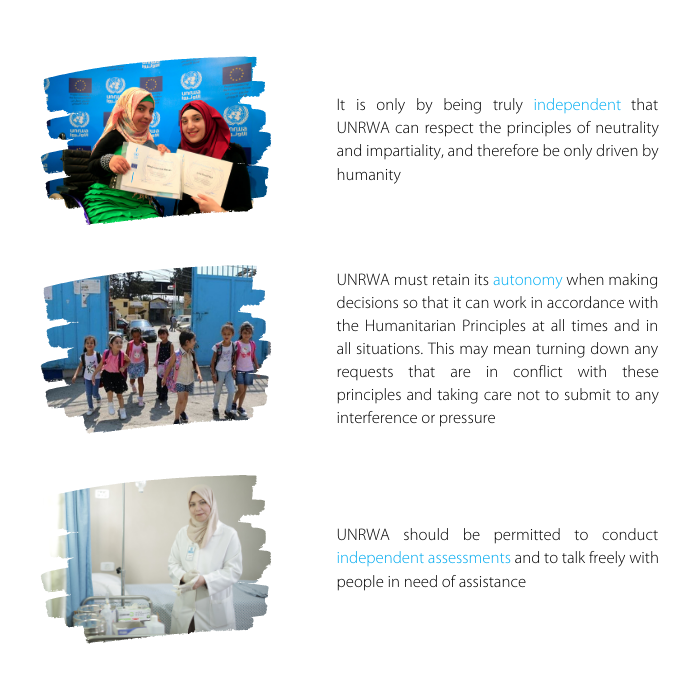 UNRWA independence principles with image of women holding certificates